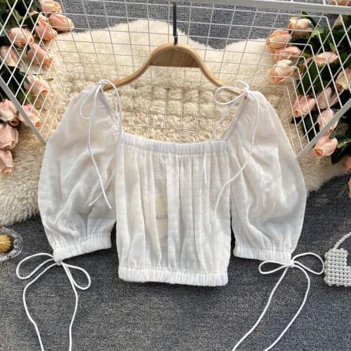 Summer new short white fashion tops for women One word collar temperament Korean commuter tops women Puff sleeve crop top women