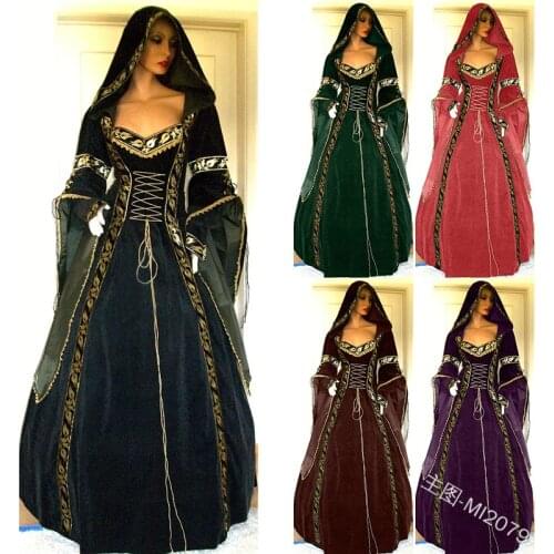 Girdling Dress for Women Halloween Medieval Cosplay Costumes Plus Size 5xl Retro Victorian Gothic Long Floor Length Hooded Dress