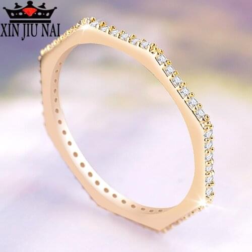 Golden hexagonal jewelry 2mm female Princess wedding ring inlaid with small crystal jewelry elegant temperament Charm woman Ring