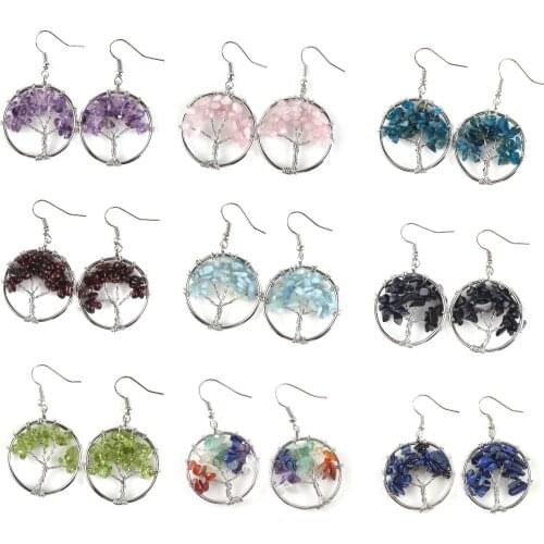 12 Months Natural Birthstone Earrings Silver Color Round Hope Tree For Birthday Friendship Gifts 30mm x 30mm, 1 Pair
