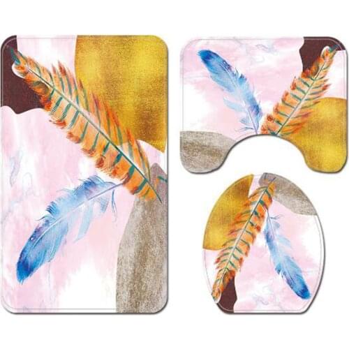 3pcs/set Bathroom Mat Set Feather Pattern Print Non-slip Protective Floor Pad