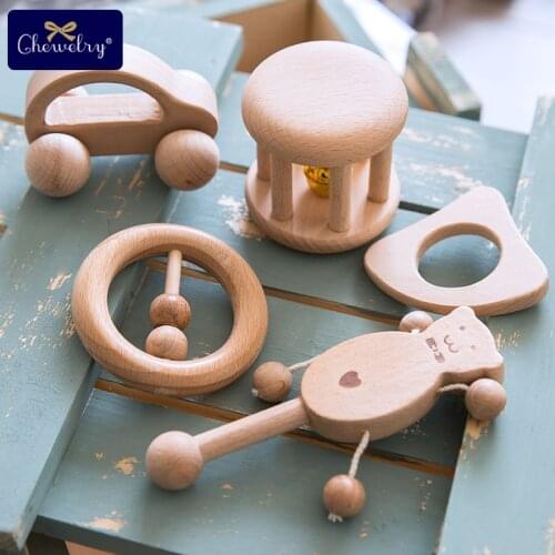 Puzzle Baby Toy Wood Teether Bell Rattles Beech Wooden Dog Car Shape Cartoon Wooden Rattle Handle Children Product Gift Toy Moon
