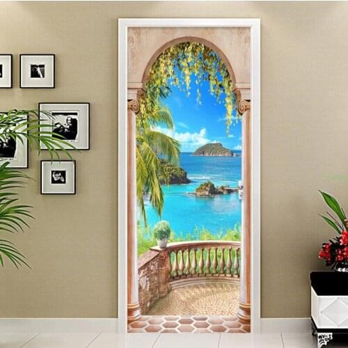 Home Decor Door Sticker 3D Seaside Photo Mural Wallpaper Living Room Bedroom PVC Self-Adhesive Waterproof Creative DIY Stickers