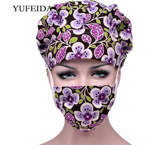 Breathable Scrub Cap Women Working Caps Printing Cotton Reuseable Unisex Kitchen Cooking Hats Sweatband Bouffant Hat Head Wear