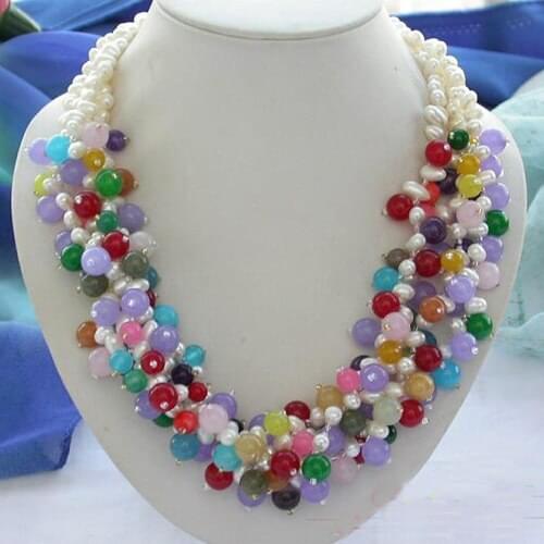 Perfect New Arriver Pearl Jewellery,4Rows 22'' White Rice Freshwater Pearl Multicolor Ja-des Bead Necklace,Shell Flower Clasp