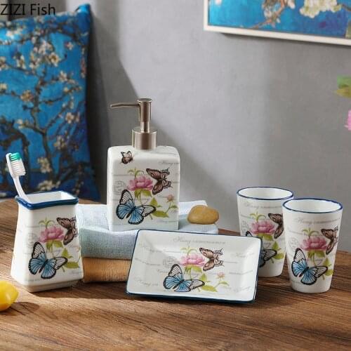 European Style Butterfly Pattern Ceramic Five-piece Set Wash Kit Soap Dispenser and Mouthwash Cup Set Bathroom Accessories
