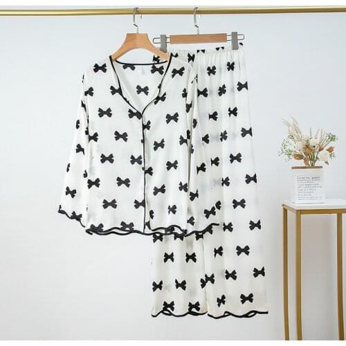 2PCS Print Pajamas Sets Womens Satin Pyjamas V-Neck Long Sleeve Sleepwear Sleep Pants Suit Spring New Casual Home Wear Nightwear