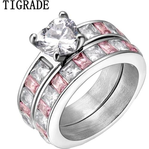 TIGRADE Stainless Steel Ring Set Women Pink White Heart Cubic Zirconia Wedding Band Princess Women Rings Eternal bague homme