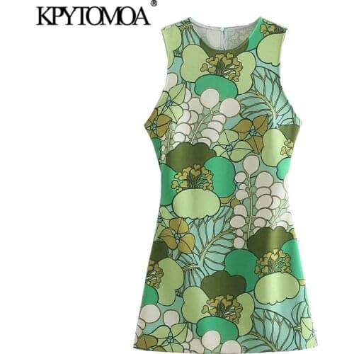 KPYTOMOA Women 2021 Chic Fashion Back Hollow Out Printed Mini Dress Vintage O Neck Sleeveless Female Dresses Mujer
