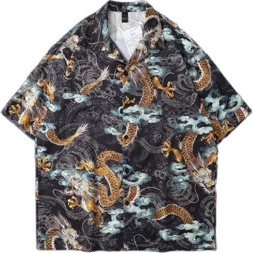 Summer Retro Dragon Print Hawaiian Men Shirt Short Sleeve Holiday Vintage Korean Clothes Hawaii Vacation Shirts Chemise Homme