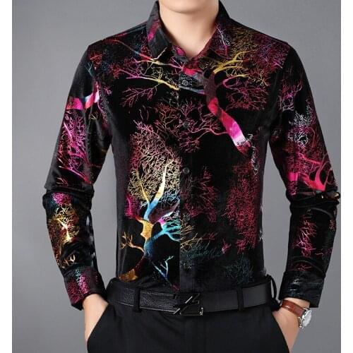 Man Luxury Bright Colors Clothing Autumn Male Fashion Velour Dresses Long Sleeve Gold Velvet Shirts Free Shipping