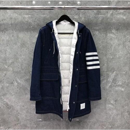 2021 Fashion Brand Down Coats Men Patchwork Long Denim Jacket Striped Thick Casual Hooded Winter Clothing Down Jacket