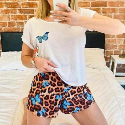 OMSJ Women Comfort Home Wear Two Piece Sets O-neck T-shirt Shorts Leopard Butterfly Print Summer Simple Style Casual Suits 2020