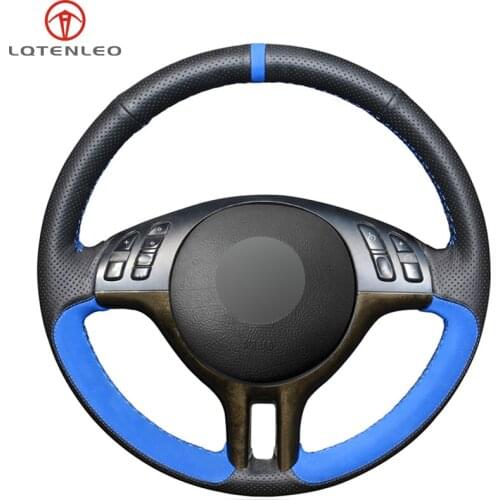 LQTENLEO Steering Wheel Cover Black Leather Blue Suede For BMW 3 Series E46 2000-2006 5 Series E39 2000-2003 E53 X5 Z3 E36 2002