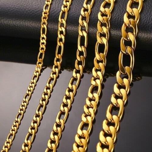 Mens Figaro Chain Necklace Curb Link Gold Tone Stainless Steel Male Colar Jewelry 24 inches