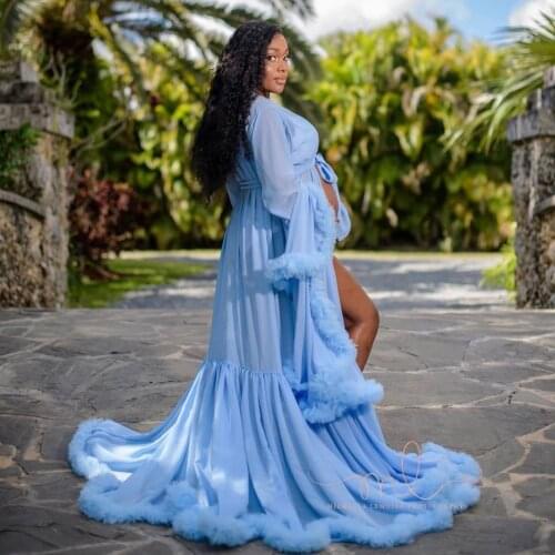 Blue Maternity Dresses for Photoshoot Chiffon Ruffles Women Bathrobe Photo Shoot Birthday Prom Fluffy Party Sleepwear Gown