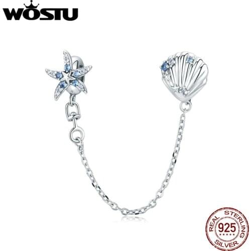 WOSTU Starfish Stopper Charms 925 Sterling Silver Tropical Starfish & Shell Safety Chain Charms for Silver 925 Jewelry CQC1478