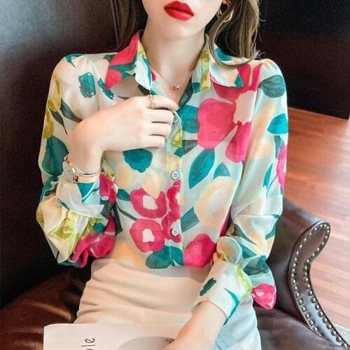Vintage Printed Women Shirts Summer New Design 2021 Turn-Down Collar Long-Sleeved Straight Elegant Office Lady Outwear Tops