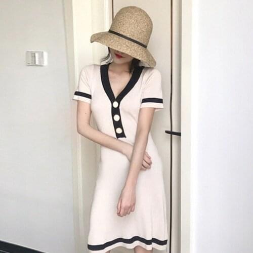 Vestidos Female Temperament Casual V-neck Color Matching Dress Women Summer knee-length Slimming Short-sleeved A-line Dress E151