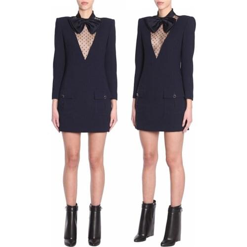 Boutique Navy Fine Wool Bowknot Collar Mini Dress Elegant Embroidery Lace Mesh Blazer Dress Sheer Plunge Structure Formal Dress