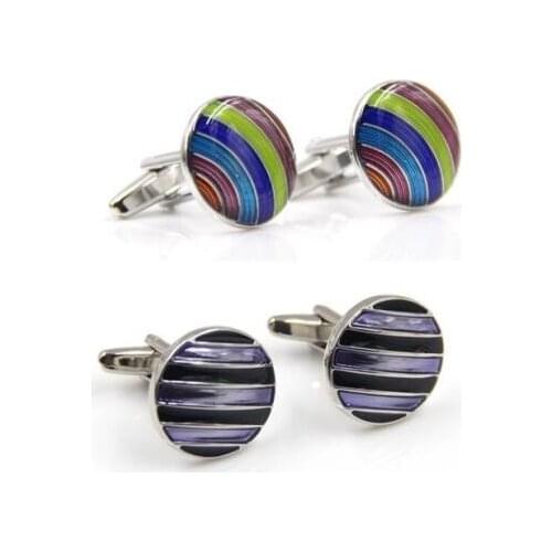 10pairs/lot Copper Round Enamel Cufflinks Colorful Rainbow Strip Pattern Cuff Links Business Style Cuff Button Mens Jewelry