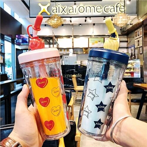 330/400ml Water Bottle With Straw Creative Double Layer Stir Cup Plastic Water Bottles BPA Free Portable Kids Water Cups