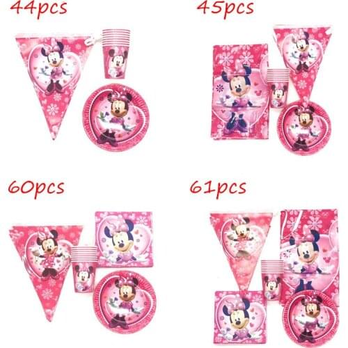 61pcs/lot Pink Minnie Mouse Birthday Banners Party Plates Paper Cups Disposable Napkins Decoration Tablecloth Tableware Supply