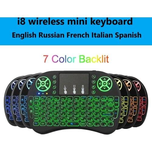 7 color backlit i8 Mini Wireless Keyboard 2.4ghz English Russian Spain Air Mouse with Touchpad Remote Control Android TV Box