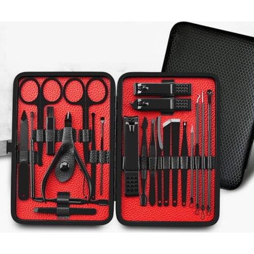 Black Nail Clipper Set Nail Clipper Manicure Tool 23 Piece Set Foot Care Tool Acne Needle Nose Hair Clipper PU Leather Case