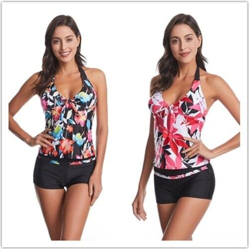 Floral Swimsuit Two Pieces Plus Size Tankini Women Swimming Suits Halter Swimwear Female Sexy Boxer Bikinis Set Print Beachwear