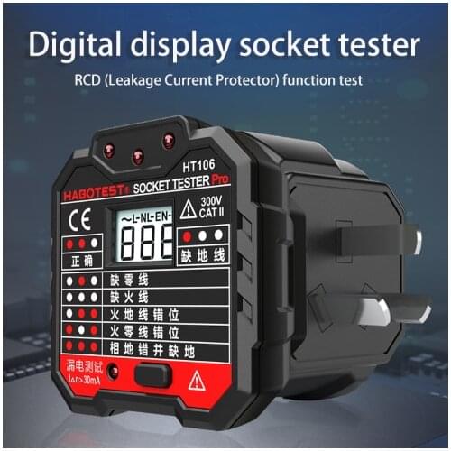 Habotest HT106 Socket Tester Pro Voltage Test Socket Detector UK EU Plug Ground Zero Line Plug Polarity Phase Check 48-250V LCD
