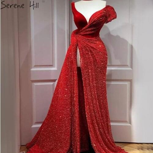 Red One Shoulder Luxury Dubai Evening Dresses Long 2021 Sleeveless Sexy Beading Sequins Formal Dress Serene Hill LA70416