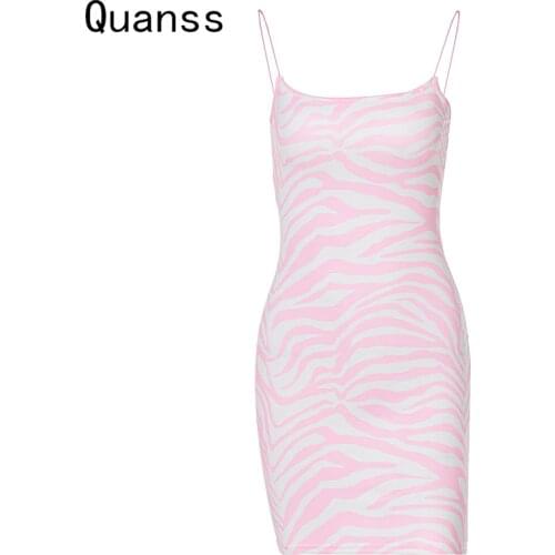 Quanss Summer Streetwear Pink Sweet Print Bodycon Dress Women 2021 Fashion Spaghetti Strap Casual Mini Dress Woman Clothes