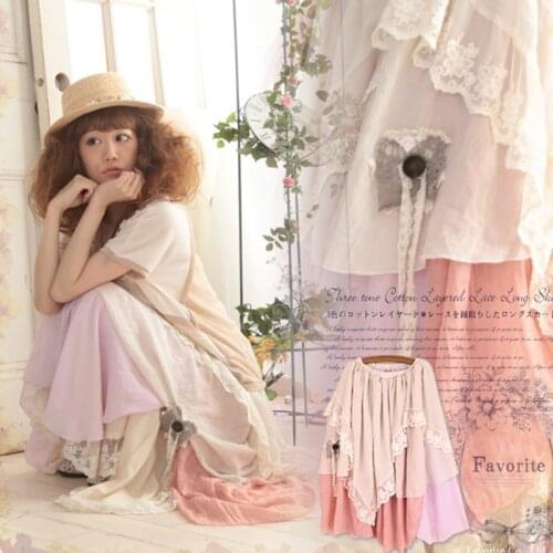 Japanese Harajuku Mori Girl Sweet Muti Lace Skirt Women High Waist Patchwork Asymmetrical Female Kawaii Lovely Cotton Skirt