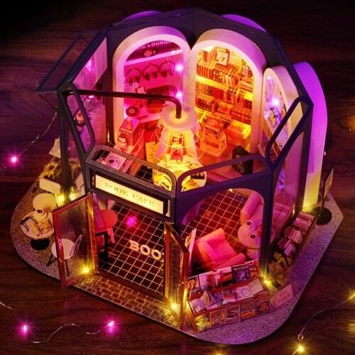 Handcraft Miniature Dollhouse LED Light & Battery Case Crafts Book & Coffee House Book Store Cafe Shop Doll House for Girls