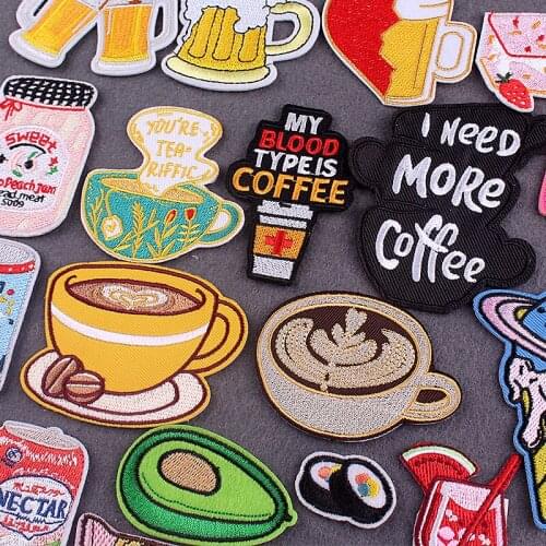 Cartoon Coffee Patch Embroidered Patches For Clothing Stickers DIY Cute Food Stripes Patch Iron On Patches For Clothes Accessory