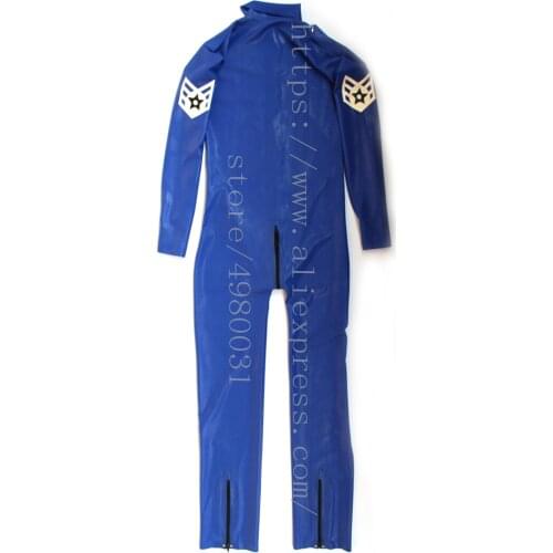 Males uniform latex catsuit blue long sleeve latex zentai homme with shoulder board and armband with feet zipper