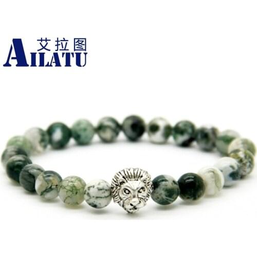 Ailatu New Arrival Bracelets Wholesale 8mm Natural Tree Grain Stone Lion Head Bracelet Jewelry for Mens Gift