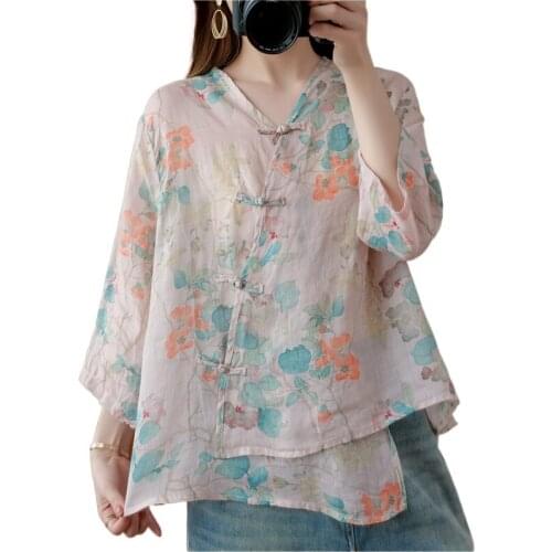 Chinese Style Clothing Women Clothes 2021 Cheongsam Top Chinese Traditional Shirt Blouse Cotton Hanfu Ladies Chinese Tops V2099