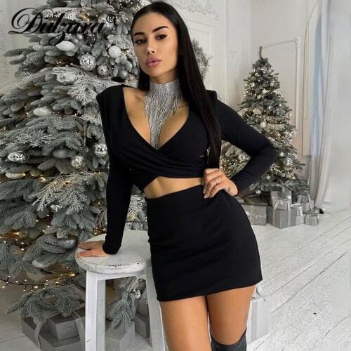 Dulzura 2021 Autumn Winter Women Black Long Sleeve Hollow Out V Neck Mini Dress Shoulder Pads Bodycon Sexy Streetwear Party Club