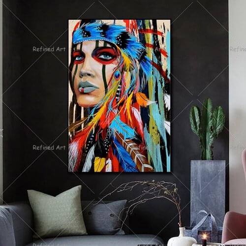 American Indian Girl Head Portrait Graffiti Art Canvas Oil painting Wall Decoration Mural for Home Living Room Bedroom Decor