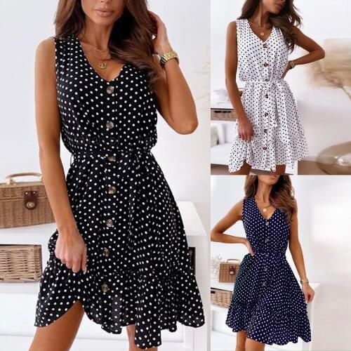 Casual Sundress Female Beach Dress Women’s Sexy Dress Sleeveless V-neck Polka Dot Front Buttoned Dress With Belt Floral Dress