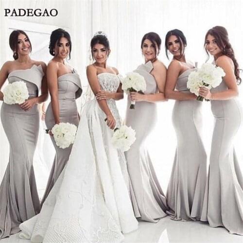 Simple Grey Long Bridesmaids Dresses Mermaid Sleeveless Sweep Train Satin Ruched Cheap Bridesmaids Dresses Prom