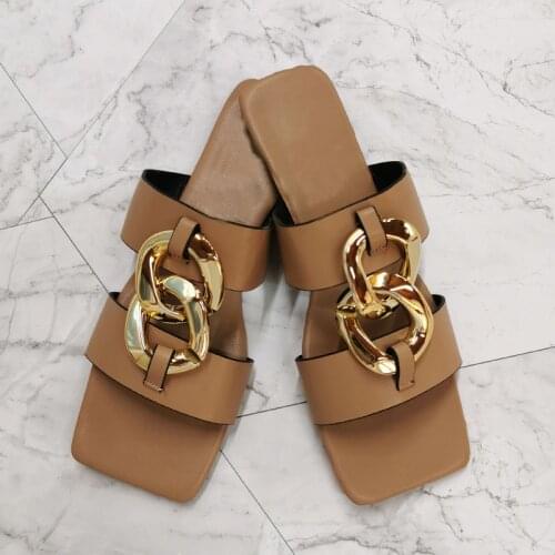 Outdoor Flip Flops Women Slippers Flat with Fashion Buckle Sqaure Toe Summer Beach Shoes Woman Solid Plus Size Ladies Slides