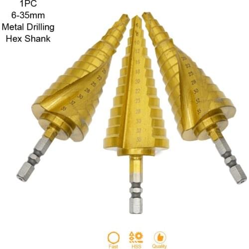 6-35MM Step Drill Bit Titanium Coated HSS Hexagon Shank Straight Spiral Groove Metal Wood