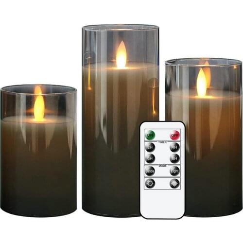 Pack of 3 LED Flickering Battery Operated Candles w/10 Key Remote Control Paraffin Wax Moving Wick Pillar Glass Candle set-Gray