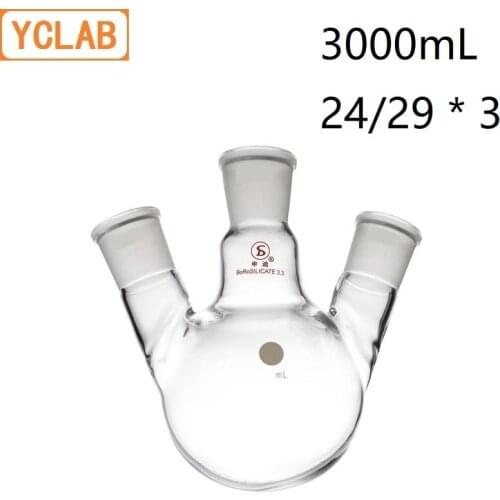 YCLAB 3000mL 24/29 * 3 Distillation Flask 3L Oblique Shape with Three Necks Standard Ground Mouths Distilling Round Bottom