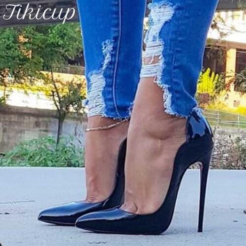 Tikicup Women Wave Cut Solid Black Patent Pointy Toe Stiletto Pumps 8cm 10cm 12cm High Heel Dress Shoes for Elegant Ladies