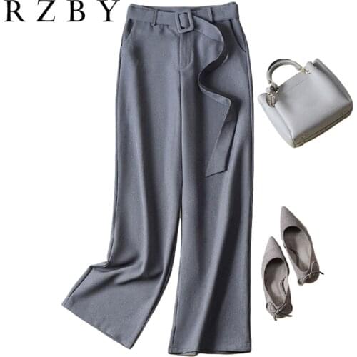 Women 2021 Spring Wide-leg Asymmetric High-waist Trousers Side Pockets Female Ladies Belt Pants Fashion Causal Pantalon RZBY362