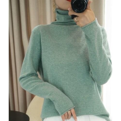 2021 New Casual High Neck Cashmere Sweater Womens 100% Pure Wool Pile Pile Collar Spring Autumn Pullover Base Knit Shirt Female